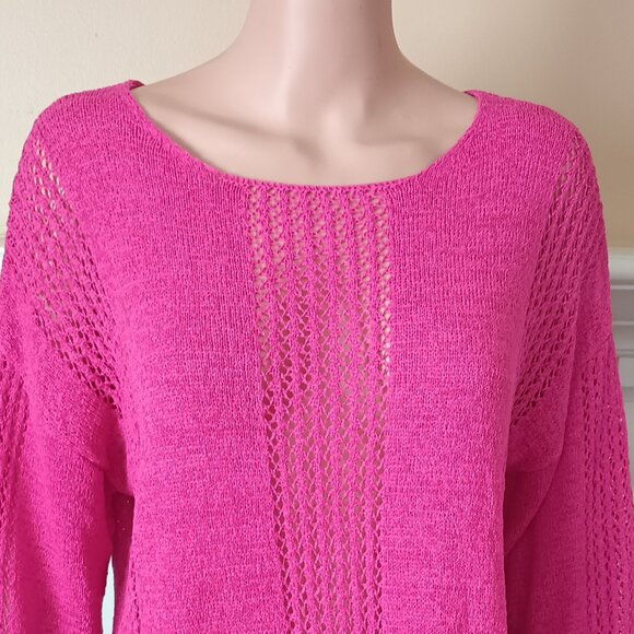 Francesca's Blue Rain Pink Sweater XL Open Knit Pointelle Long Sleeve Silky Soft - Picture 2 of 12